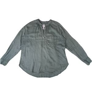 NEW GAP Popover Tunic Linen Twig green A-line Relaxed Long-Sleeve MEDIUM PETITE